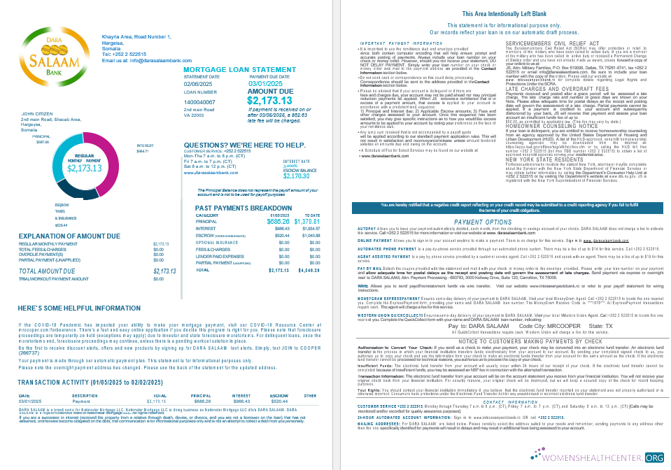 Download Somalia Dara Salaam bank mortgage statement in Word and PDF formats 1 2 Photoshop template